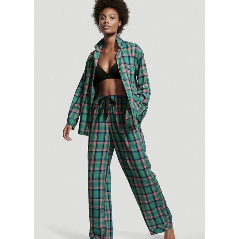 Victorias Secret The Flannel Pajama Set Green Pink Plaid Metallic Small S